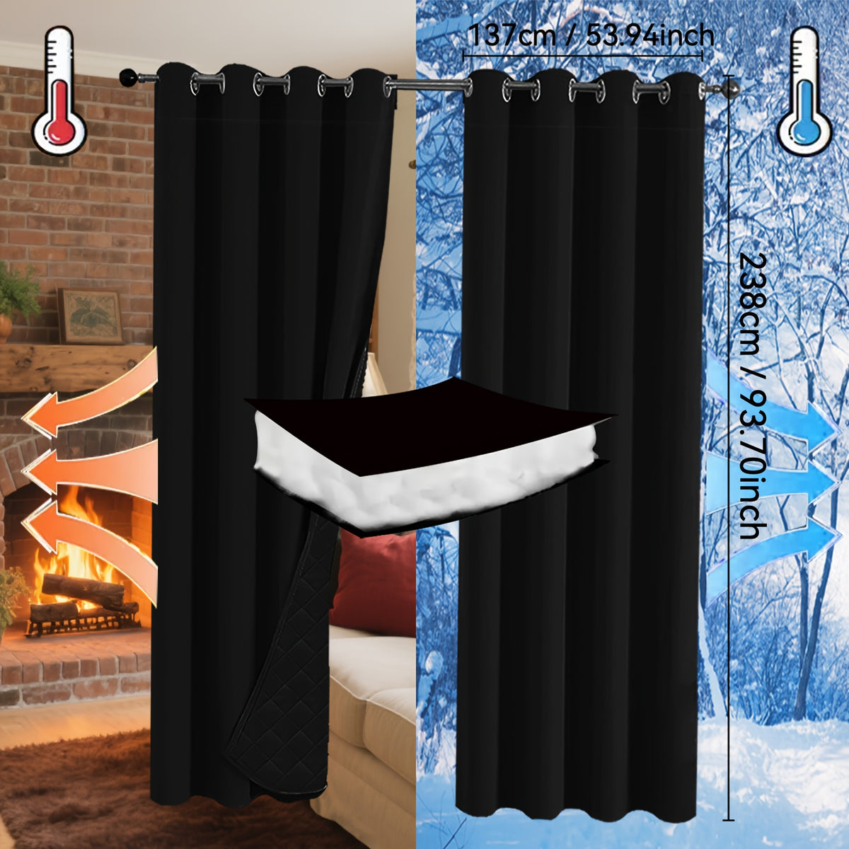 Rideaux occultants thermiques épais à œillets isolants (2 panneaux), noir