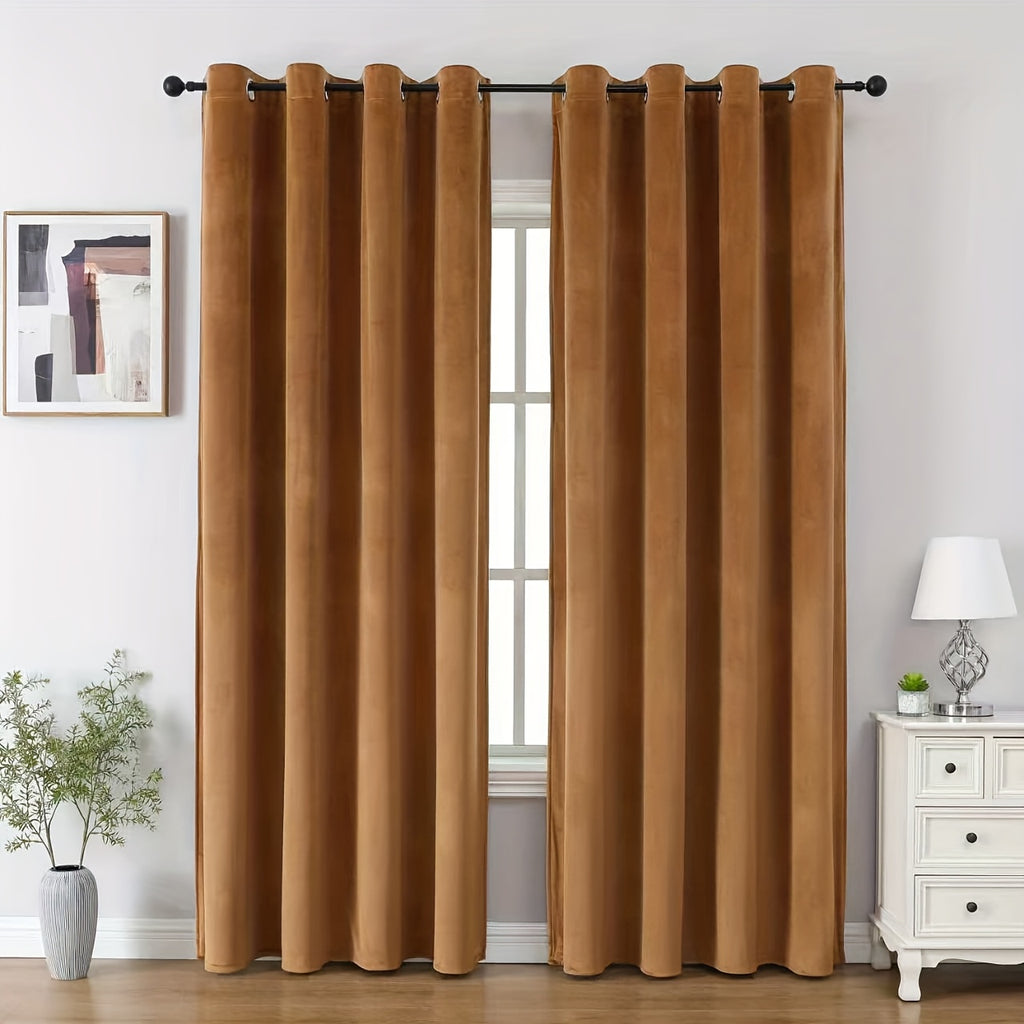 Rideaux occultants velours marron café en polyester (2 panneaux), largeur 100 à 139 cm