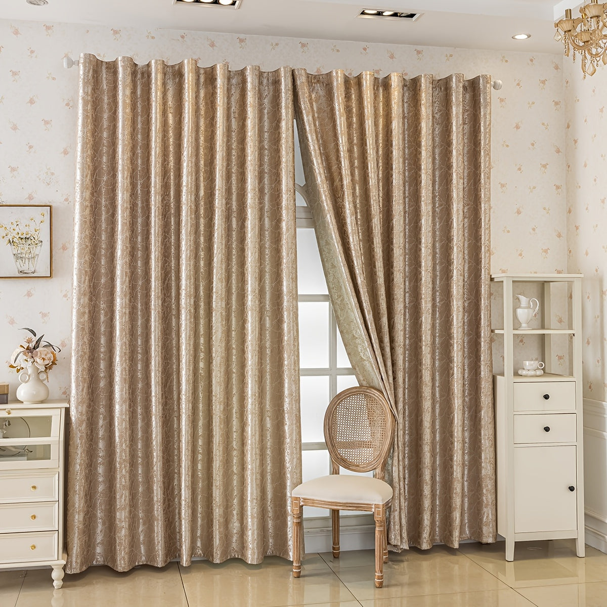 Rideau occultant jacquard doré motif feuilles, largeur 100 à 139 cm