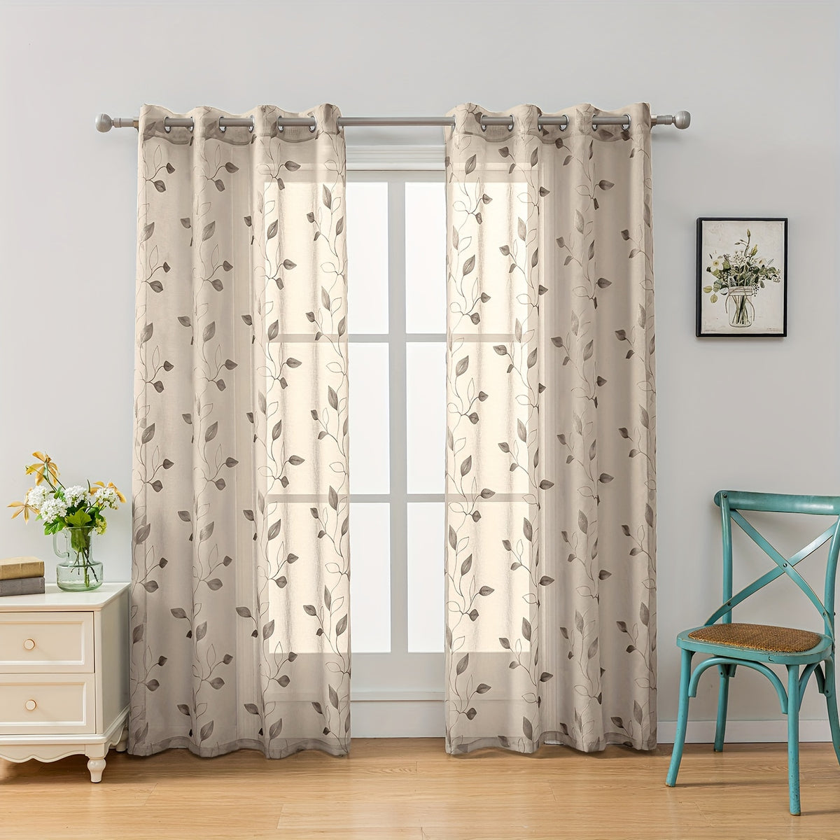 Rideaux voilage brodés motif feuilles avec œillets, largeur moins de 100 cm
