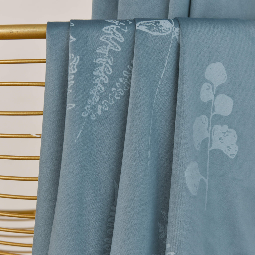 Rideau velours à œillets motif feuillage isolant thermique, bleu ciel