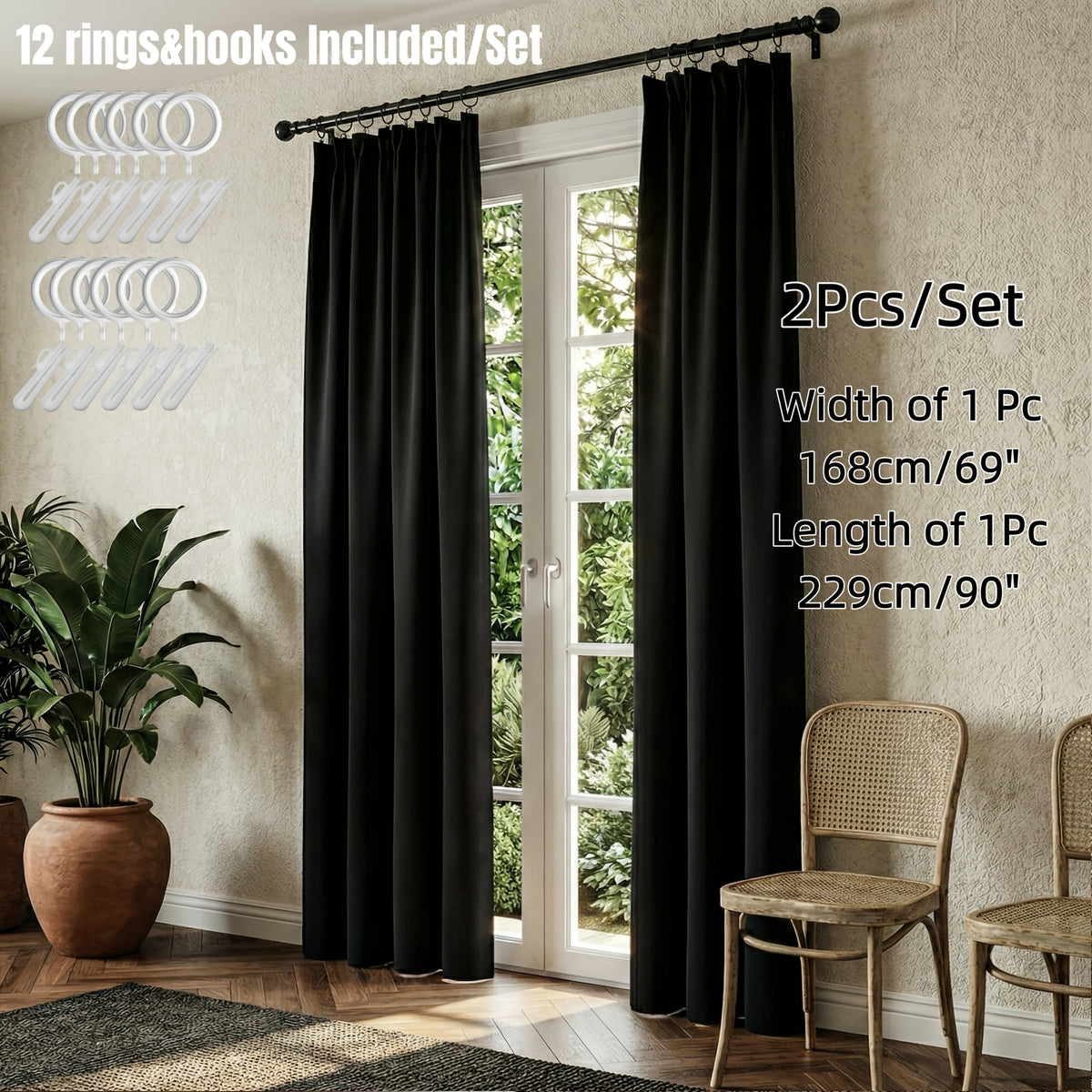 Rideaux occultants unis thermiques en polyester haute précision (2 pan, noir