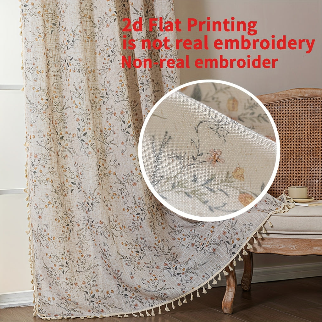 Rideau voilage fleuri style campagne chic avec pompons beige, hauteur 200 à 239 cm
