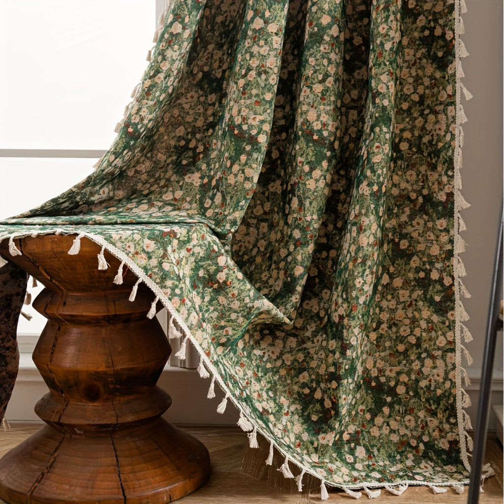 Rideau jacquard fleuri vintage vert tamisant style campagne, largeur 140 à 199 cm