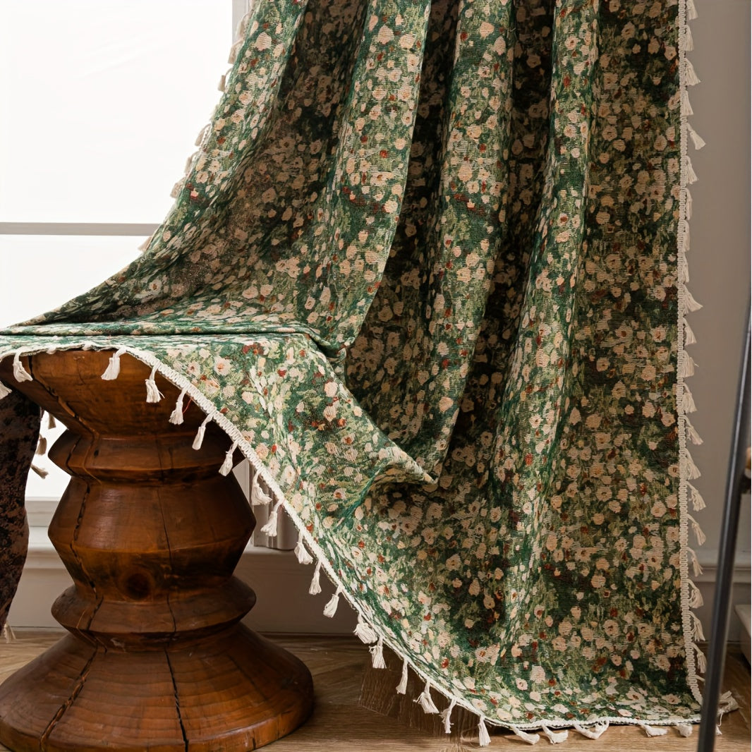 Rideau jacquard fleuri vintage vert tamisant style campagne, largeur 140 à 199 cm