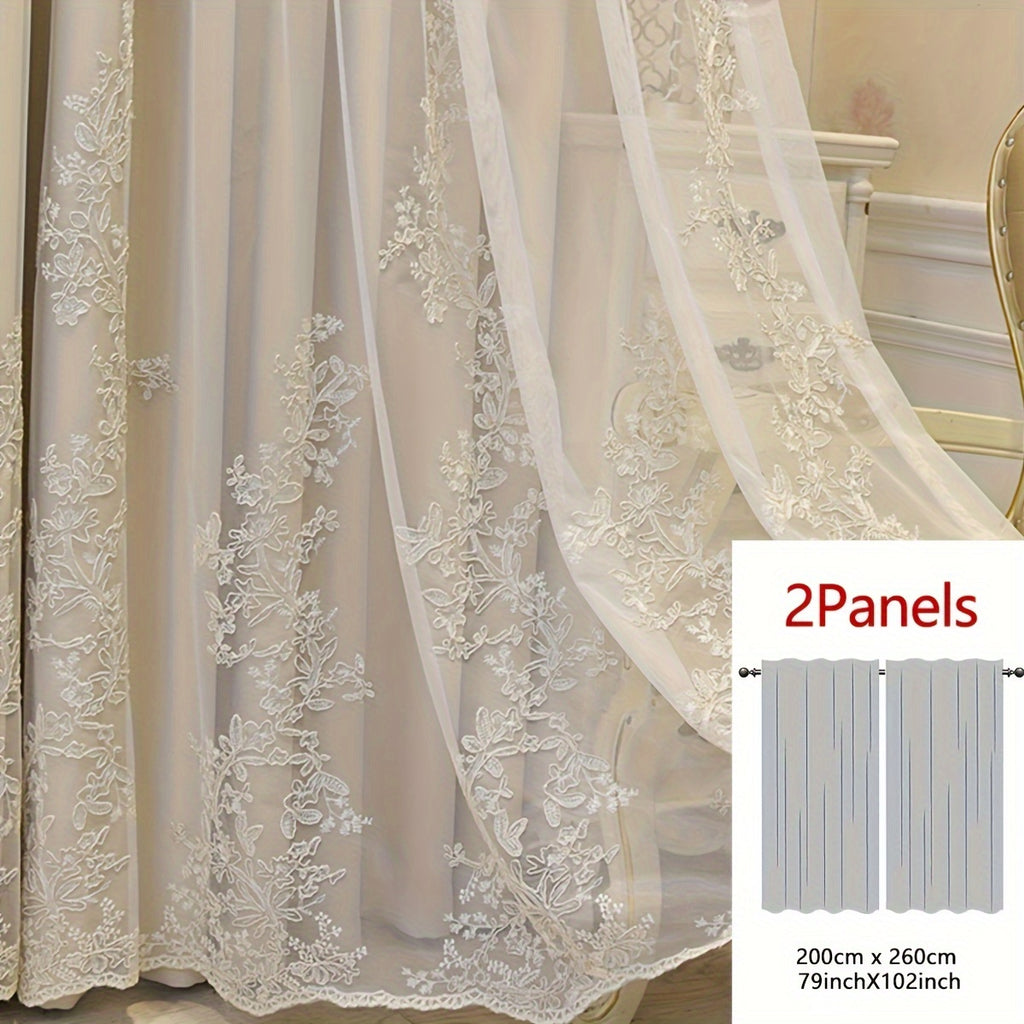 Rideaux occultants double épaisseur avec dentelle brodée romantique (2, beige