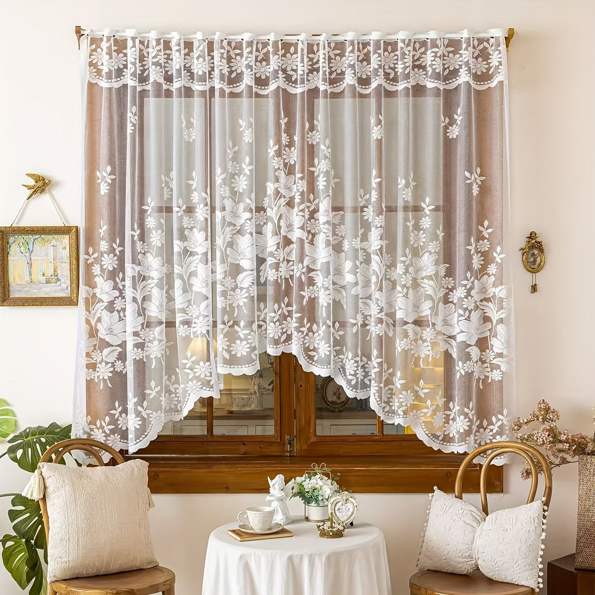 Rideau voilage dentelle blanche style romantique pour fenêtre et arche, largeur 300 cm et plus