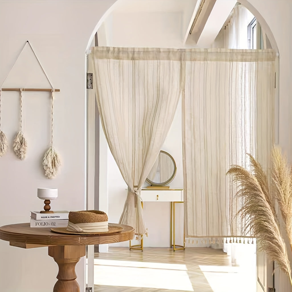Rideau de porte japonais effet lin à rayures semi-transparent (2 panne, largeur 100 à 139 cm