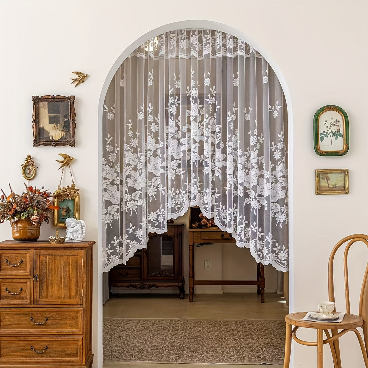 Rideau voilage dentelle blanche style romantique pour fenêtre et arche, largeur 300 cm et plus