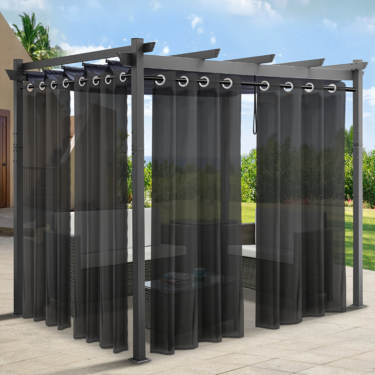 Rideaux voilage extérieur effet lin à œillets pour pergola (2 panneaux)