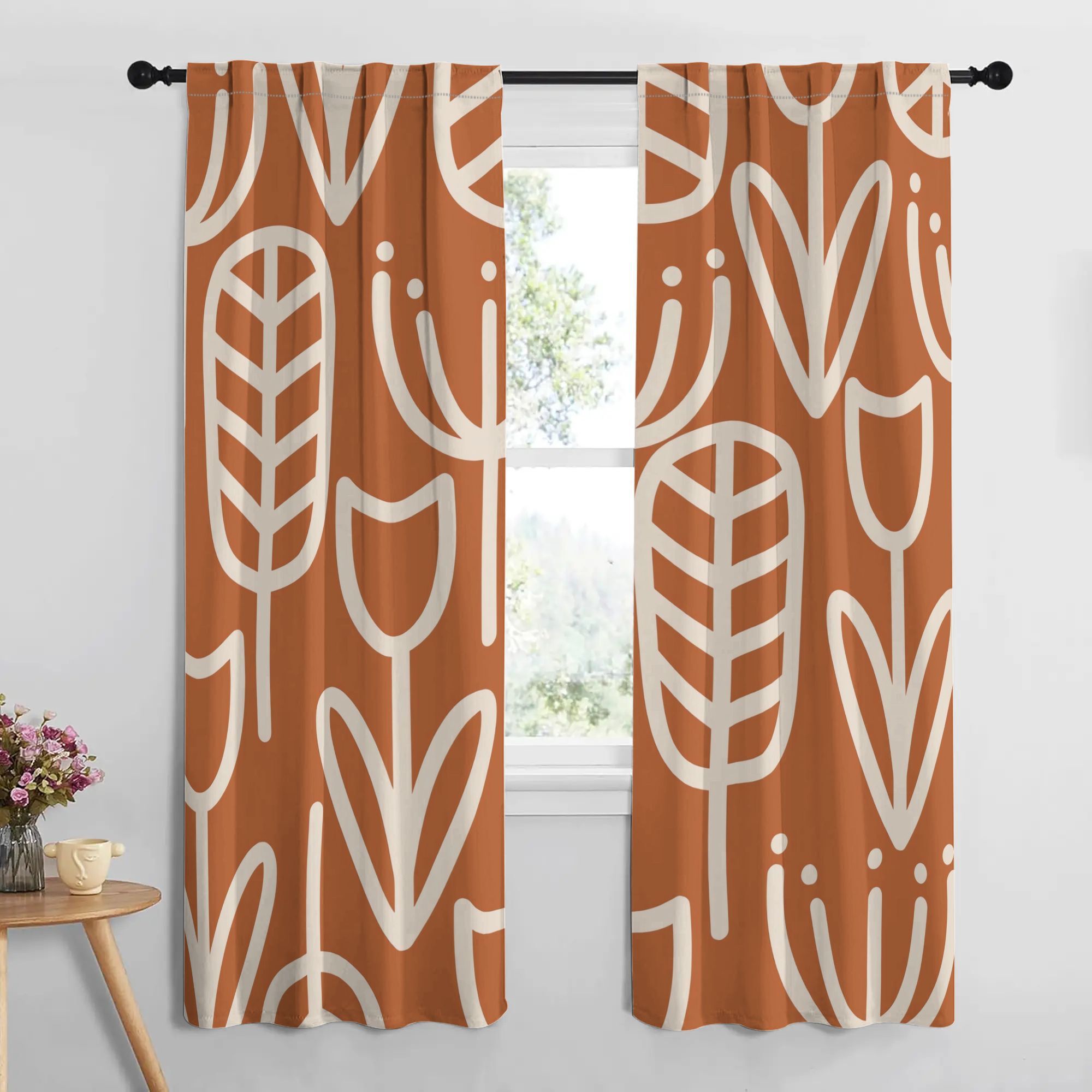 Rideaux occultants terracotta et beige motif botanique en polyester (2 panneaux)