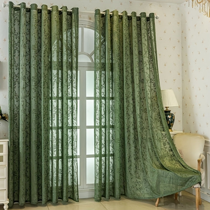 Rideau voilage vert jacquard à motifs branches style vintage