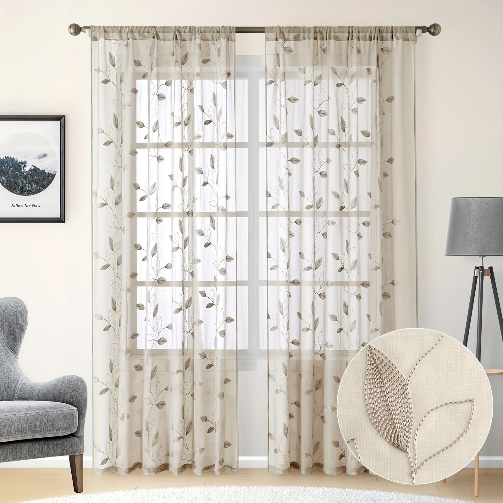Rideaux voilage brodés motif feuilles style jardin pour salon et chambre (2 panneaux)