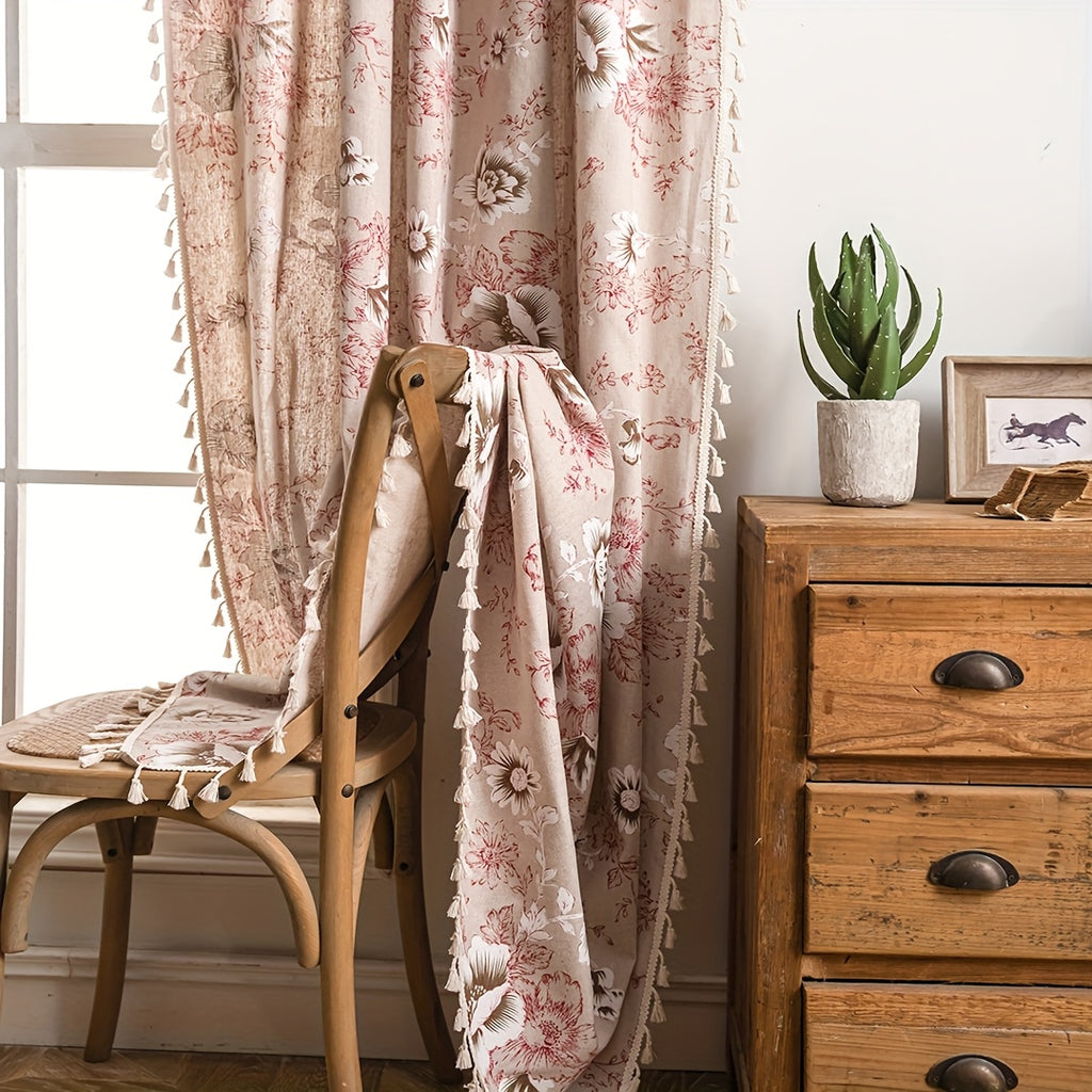 Rideau tamisant fleuri style vintage à pampilles, hauteur 200 à 239 cm