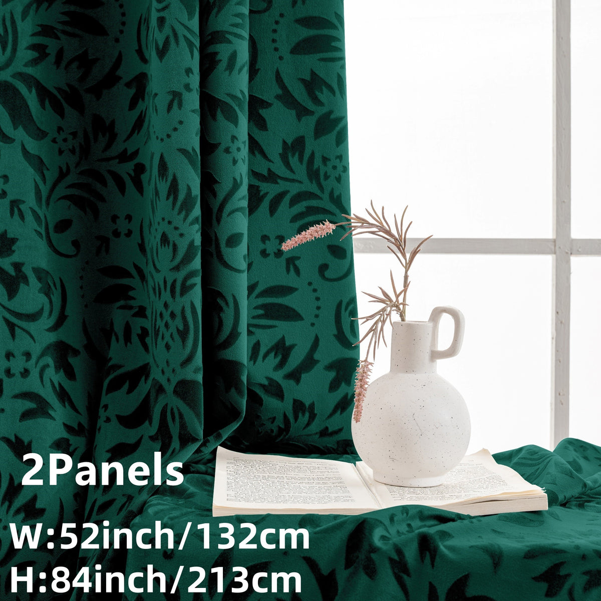 Rideaux velours à motifs floraux européens vert émeraude (2 panneaux), vert foncé