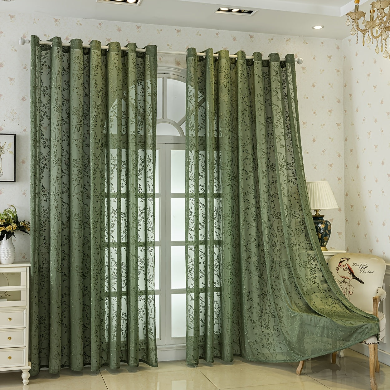 Rideaux jacquard bohème vert tamisant motif végétal (2 panneaux)