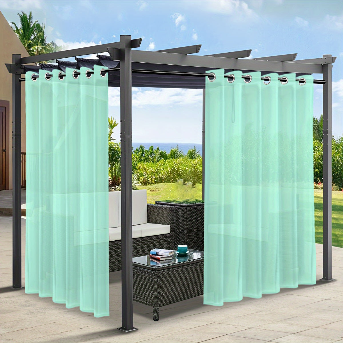 Rideaux voilage extérieur effet lin à œillets pour pergola (2 panneaux)
