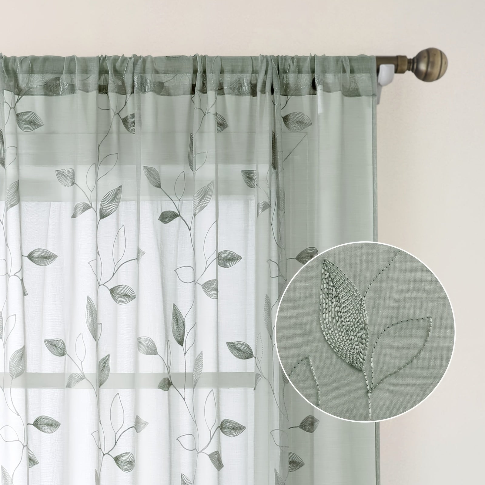 Rideaux voilage brodés motif feuilles style jardin pour salon et chambre (2 panneaux)
