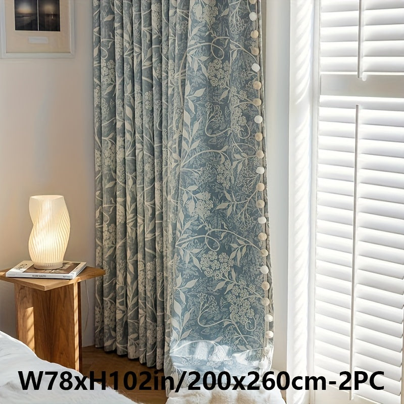 Rideau occultant jacquard chenille floral bleu style français (2 panneaux)