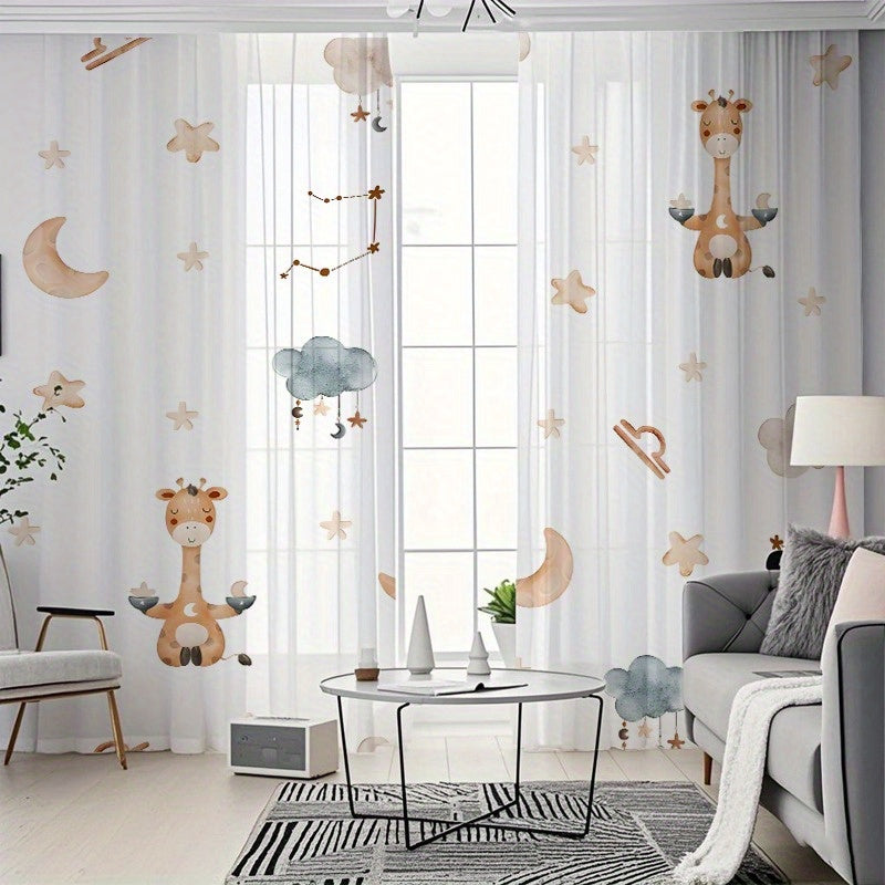 Rideaux semi-transparents enfant motif girafe et étoiles (2 panneaux)