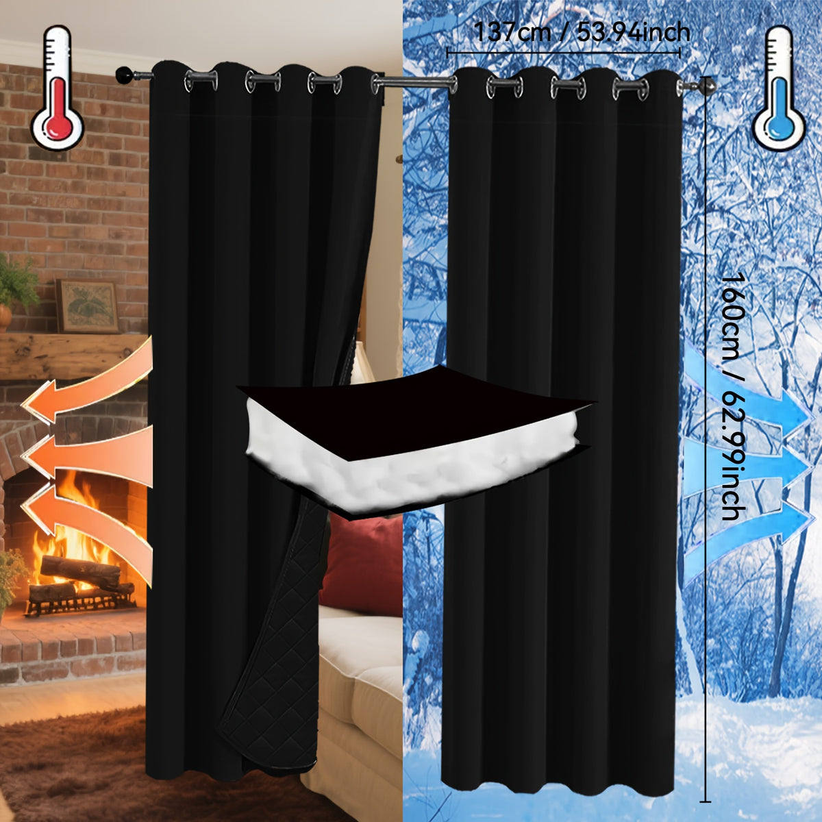 Rideaux occultants thermiques épais à œillets isolants (2 panneaux), noir