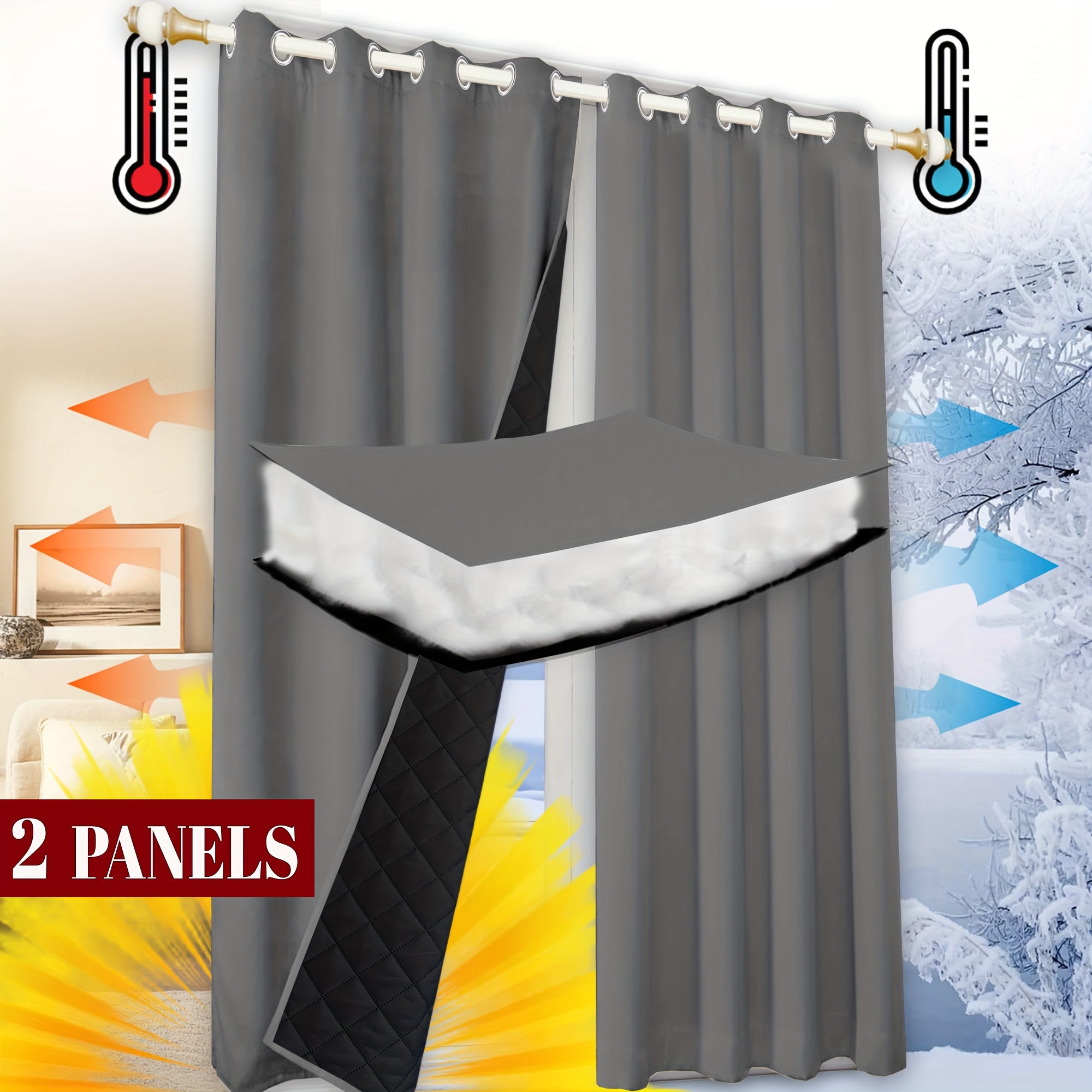 Rideau thermique matelassé isolant hiver occultant moderne (2 panneaux)
