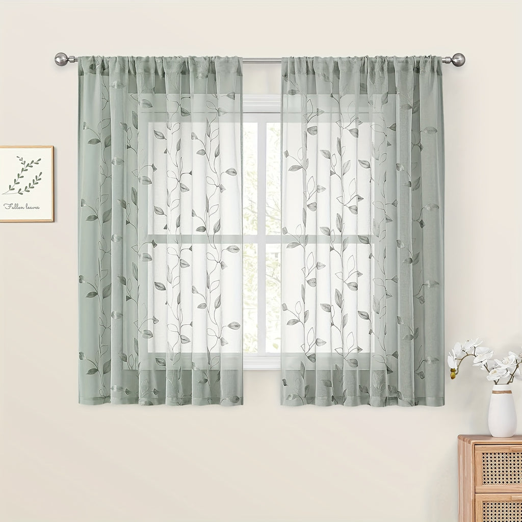 Rideaux voilage brodés motif feuilles style jardin, vert