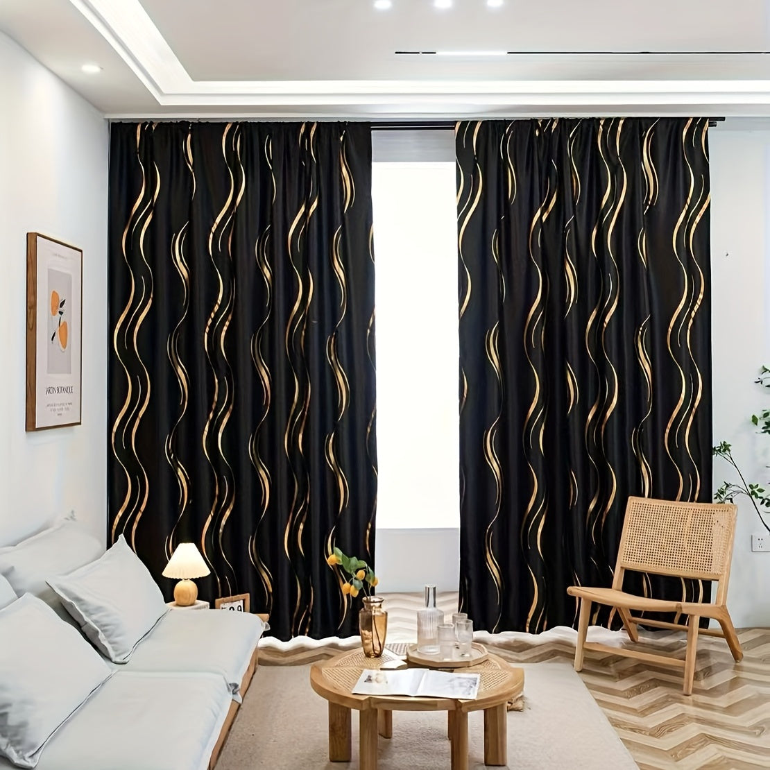 Rideau occultant noir et doré à motifs ondulés, largeur 100 à 139 cm