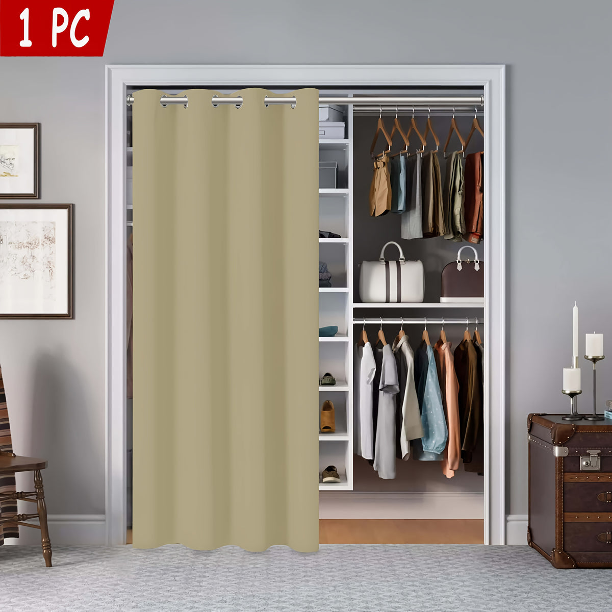 Rideau occultant thermique pour porte et placard en polyester à œillet, taupe