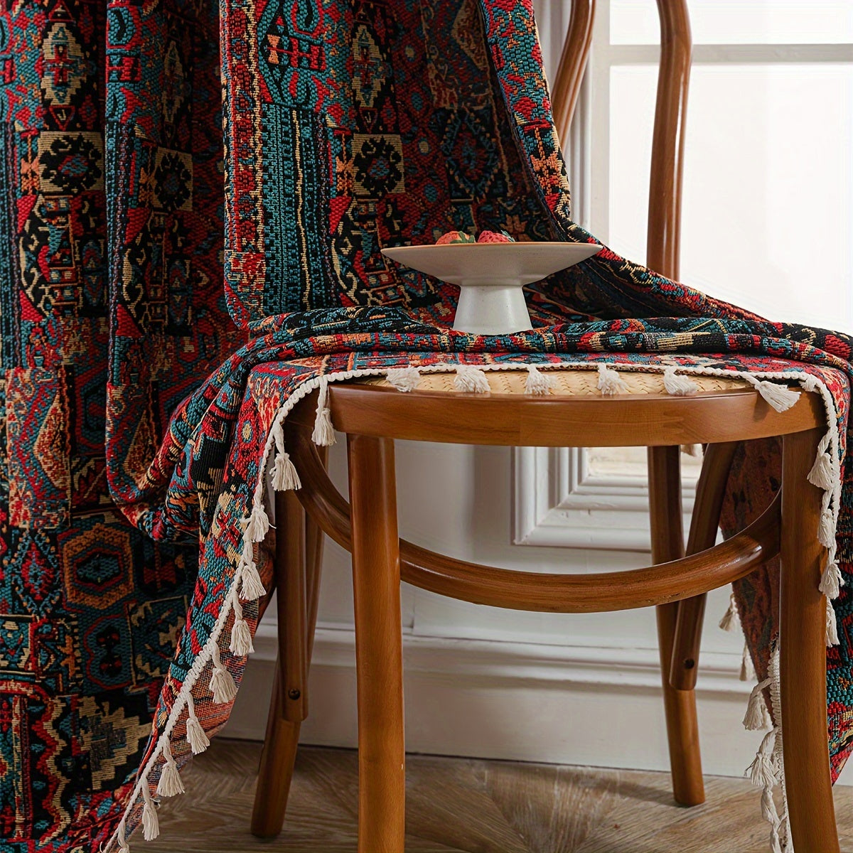 Rideau jacquard occultant vintage à motif géométrique en polyester