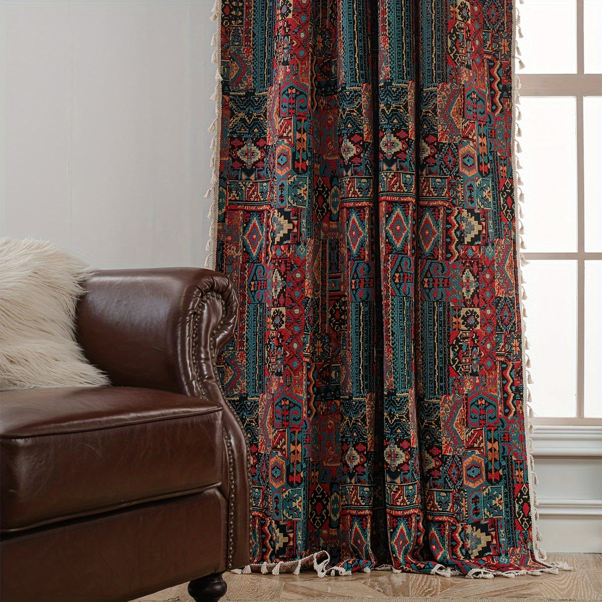 Rideau jacquard occultant vintage à motif géométrique en polyester