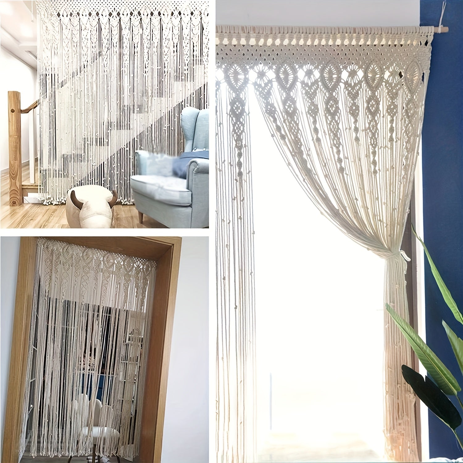 Rideau macramé bohème extra-long en coton ajouré pour porte (1 panneau)