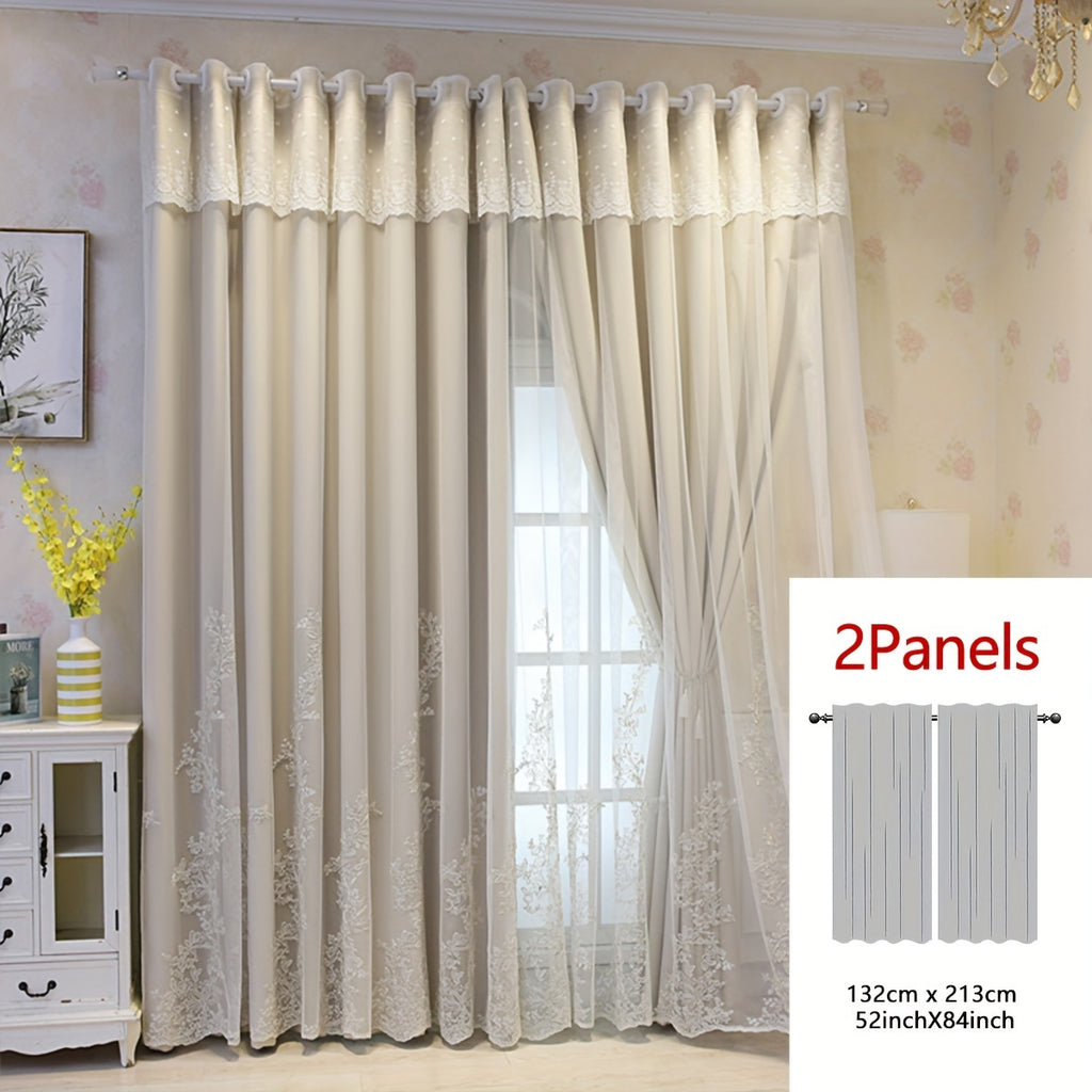 Rideaux occultants double épaisseur avec dentelle brodée romantique (2, beige