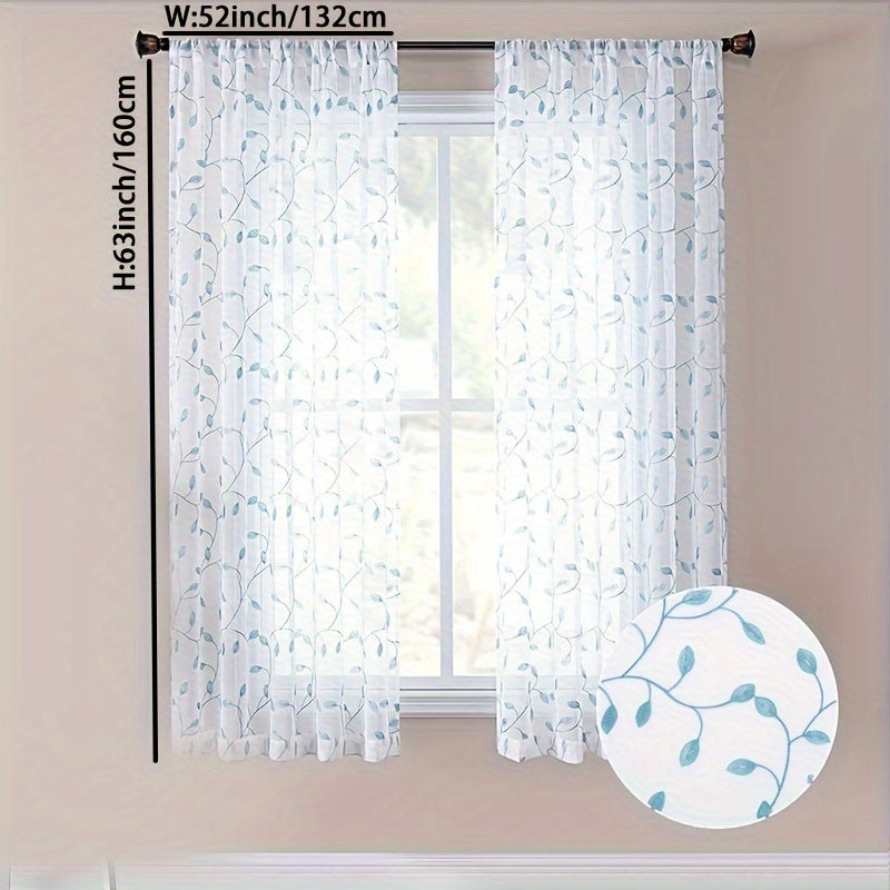 Rideau voilage brodé feuilles en polyester tamisant pour cuisine (1/2 panneaux)