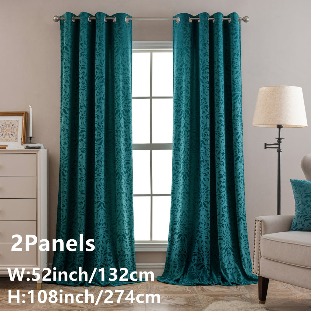 Rideaux velours à motifs floraux européens vert émeraude (2 panneaux), bleu