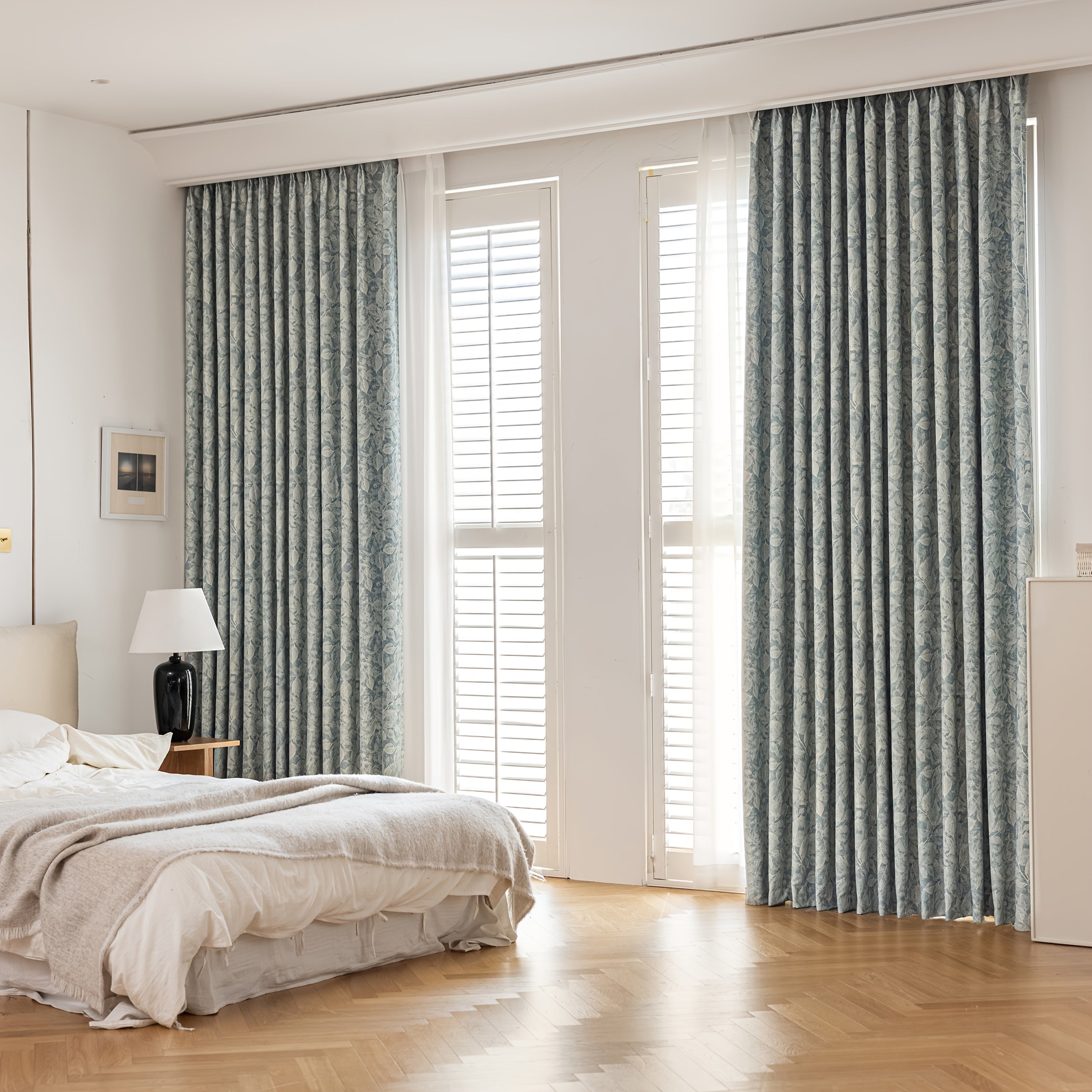 Rideau occultant jacquard chenille motif feuille bleu pour salon et chambre