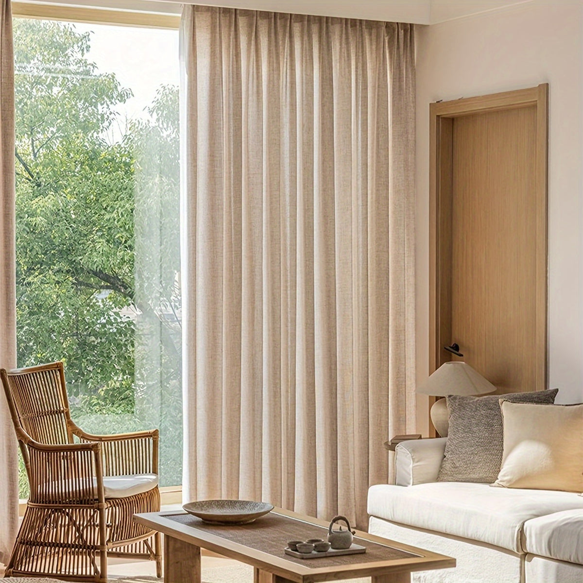 Rideau voilage lin mélangé beige à œillets style farmhouse (1 panneau), largeur 140 à 199 cm