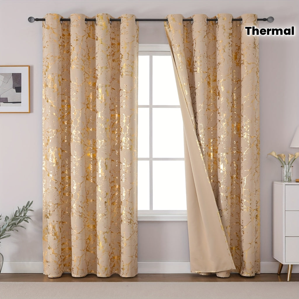 Rideaux occultants thermiques effet marbre doré en polyester (2 pannea, largeur 100 à 139 cm