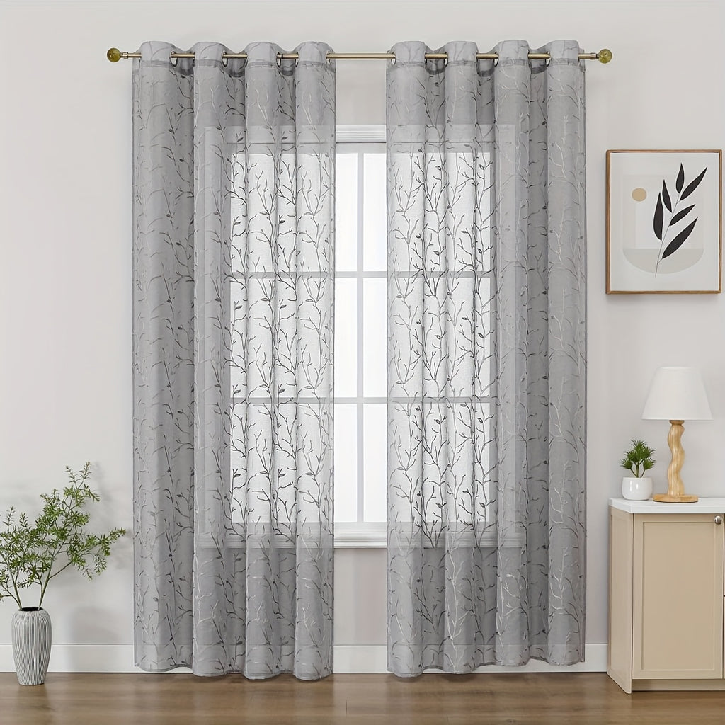 Rideaux voilage brodés bohème à branches semi-transparents (2 panneaux, gris