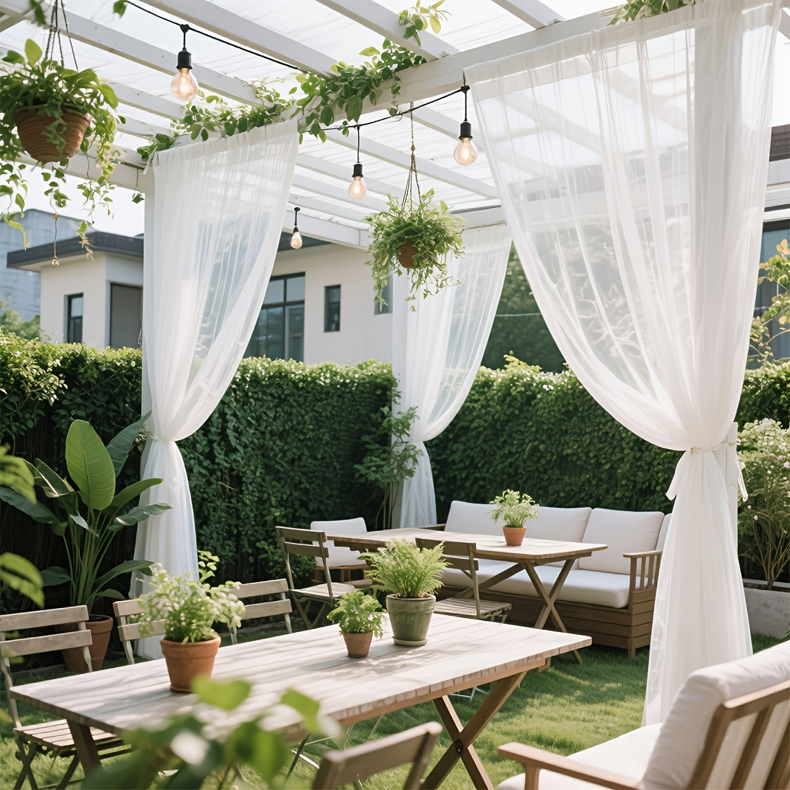 Rideau extérieur voilage blanc pour pergola et terrasse (2 panneaux), largeur 300 cm et plus Image
