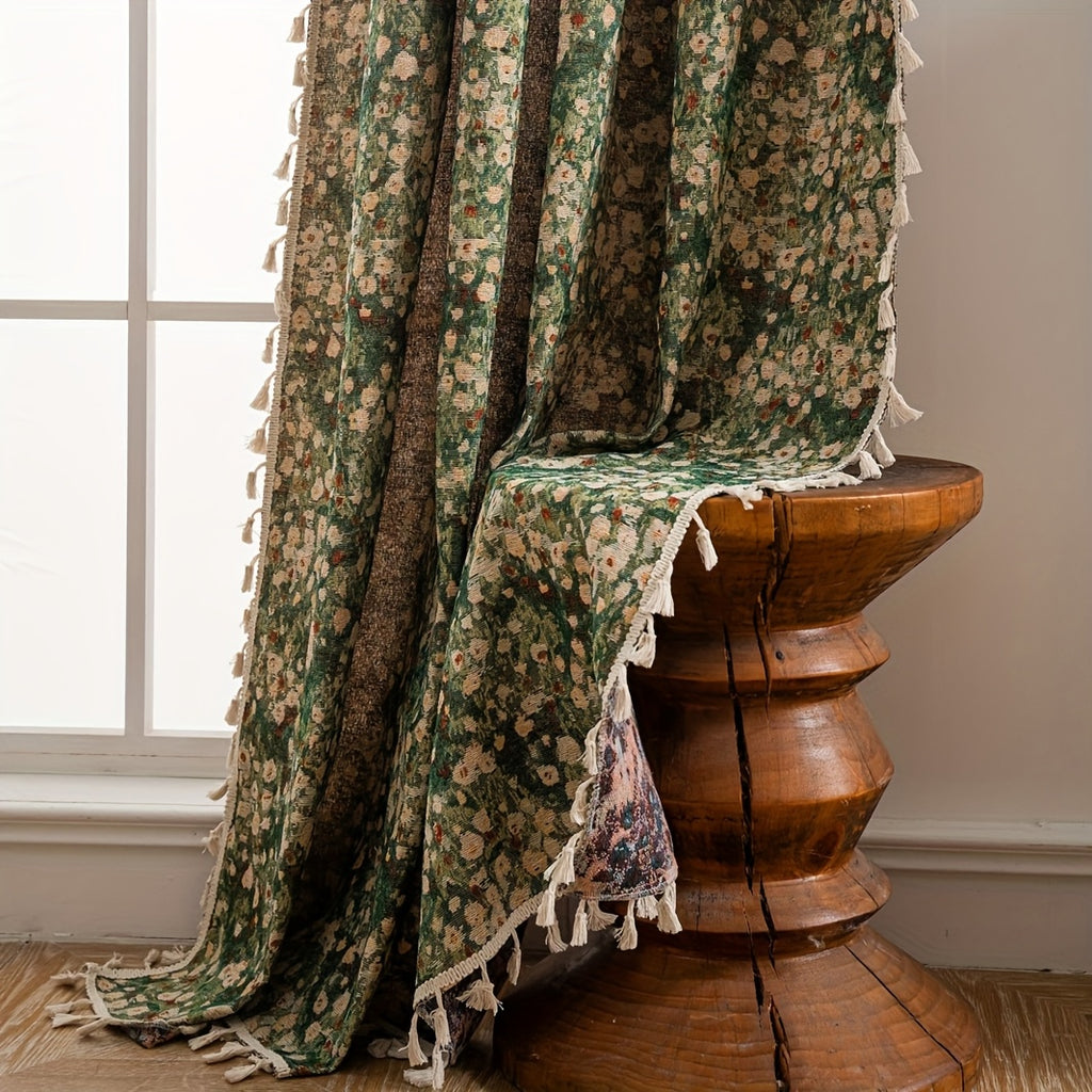 Rideau jacquard fleuri vintage vert tamisant style campagne, hauteur 160 à 199 cm