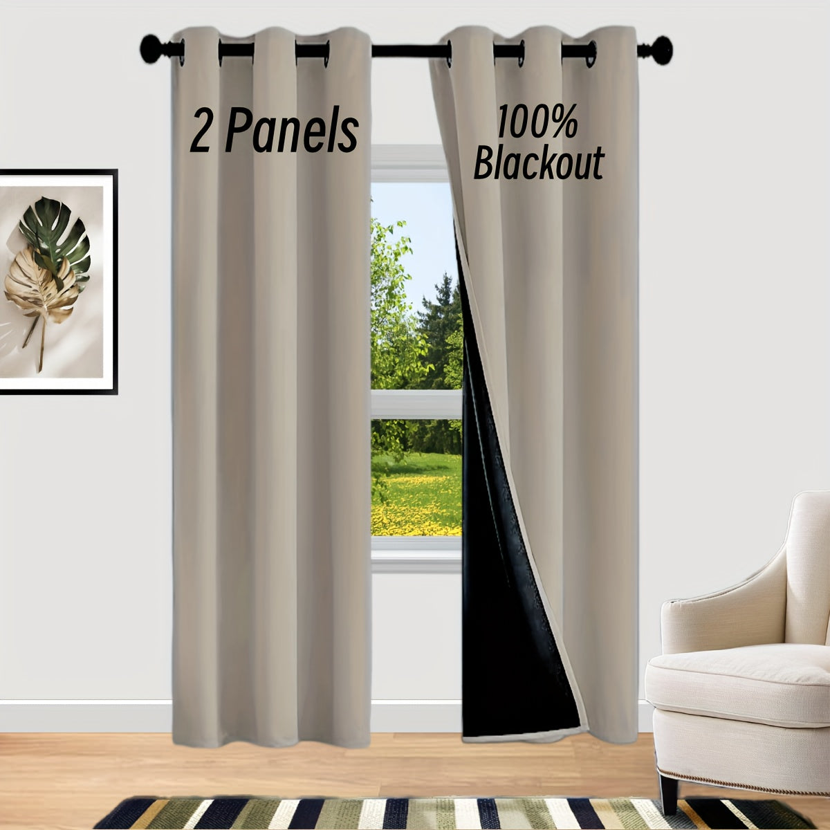 Rideaux occultants 100 % blackout à œillets en polyester pour chambre et salon - 2 pièces