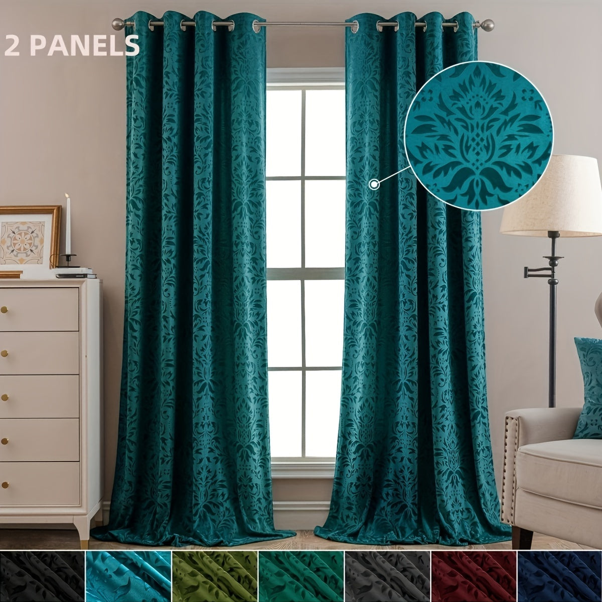 Rideaux velours à motifs floraux européens vert émeraude (2 panneaux), largeur 100 à 139 cm Image