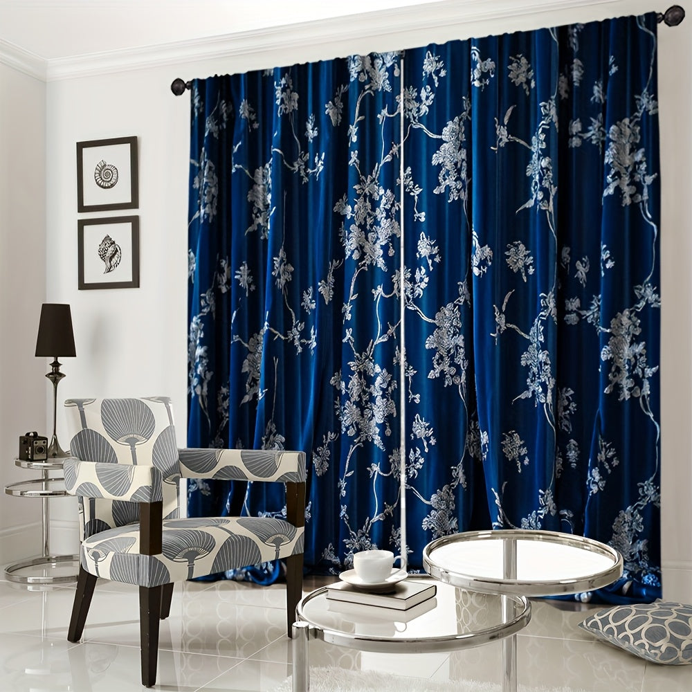 Rideaux tamisants bleu nuit à motifs floraux en polyester (2 panneaux)