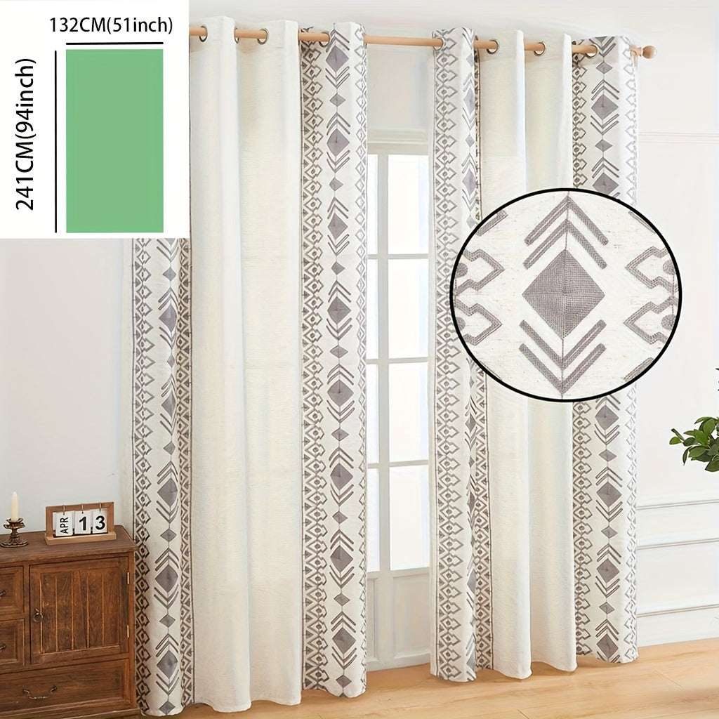 Rideau bohème semi-transparent à œillets motif géométrique losanges, gris