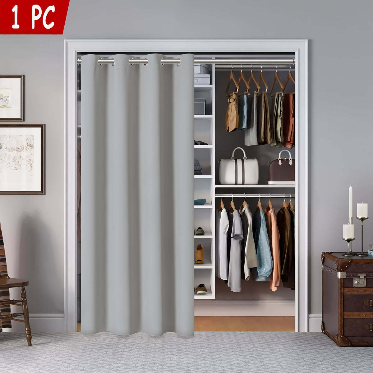 Rideau occultant thermique pour porte et placard en polyester à œillet, argent
