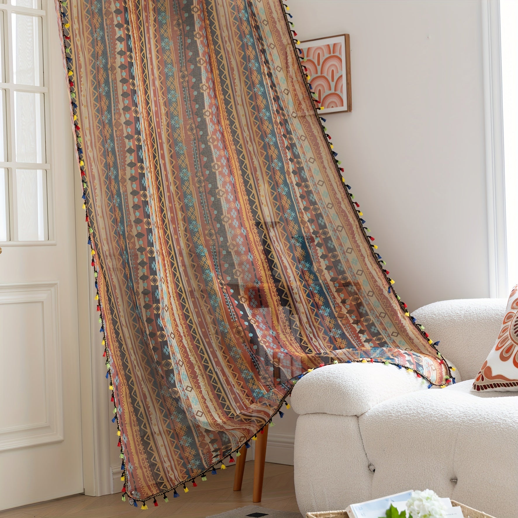 Rideau voilage bohème à rayures multicolores avec pompons (2 panneaux)