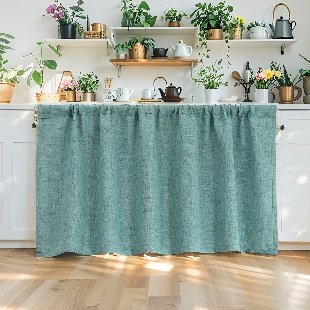 Rideau sous meuble uni style rural en polyester effet lin, bleu