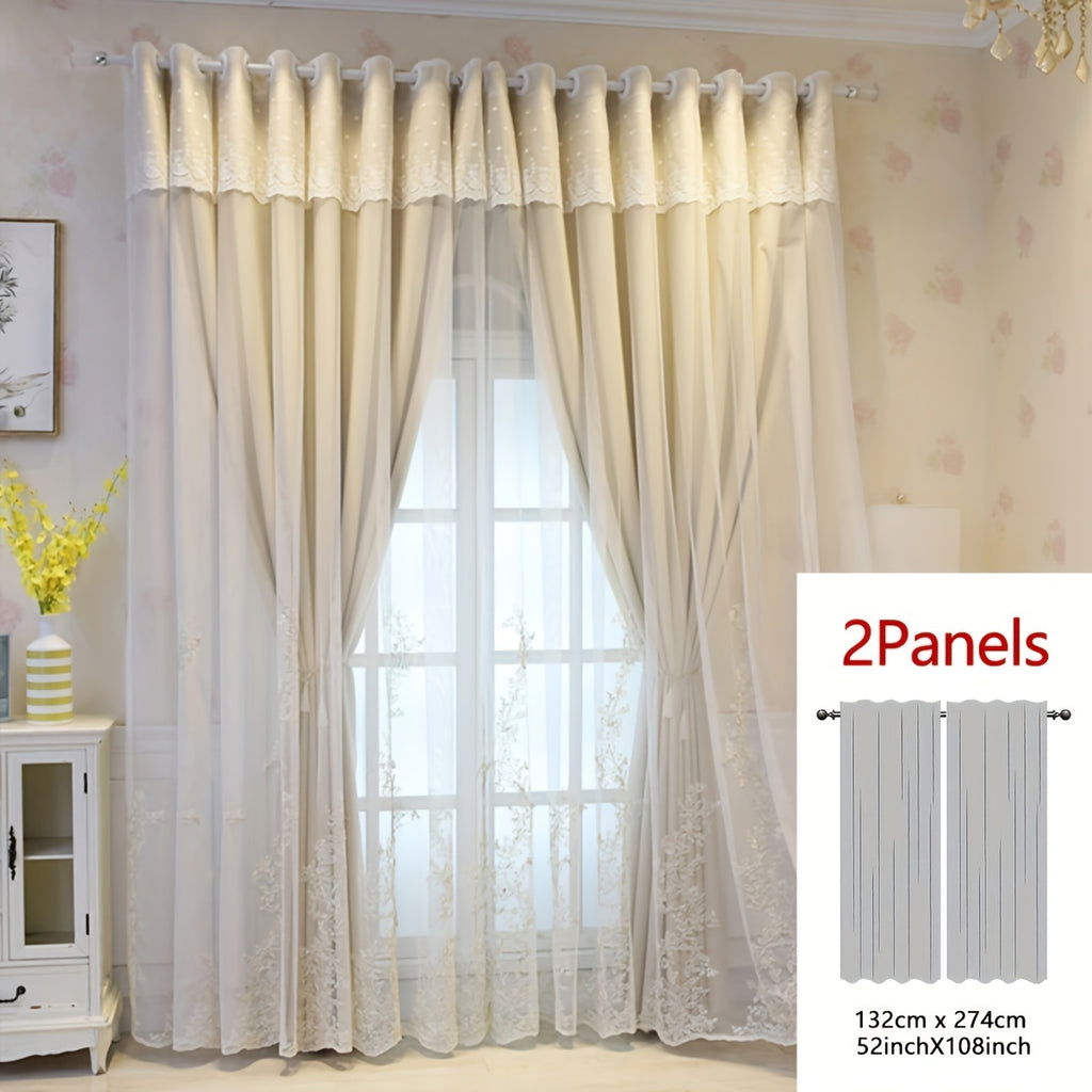 Rideaux occultants double épaisseur avec dentelle brodée romantique (2, beige