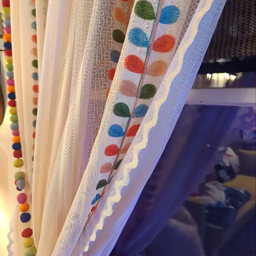Rideaux voilage bohème dentelle brodée multicolore (2 panneaux), hauteur 240 à 269 cm